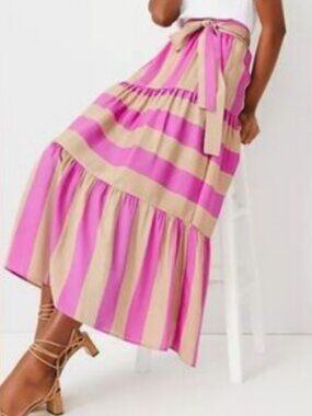 NWT Ann Taylor Striped Tiered Maxi Skirt Tie Zip 16 Flouncy Pink Fuschia Ecru